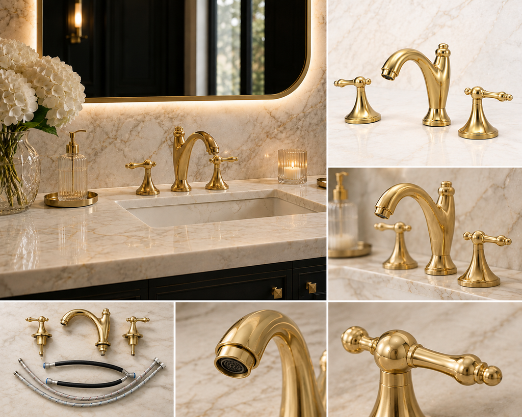 Collage of gold bathroom fixtures including faucets and handles on a marble countertop.