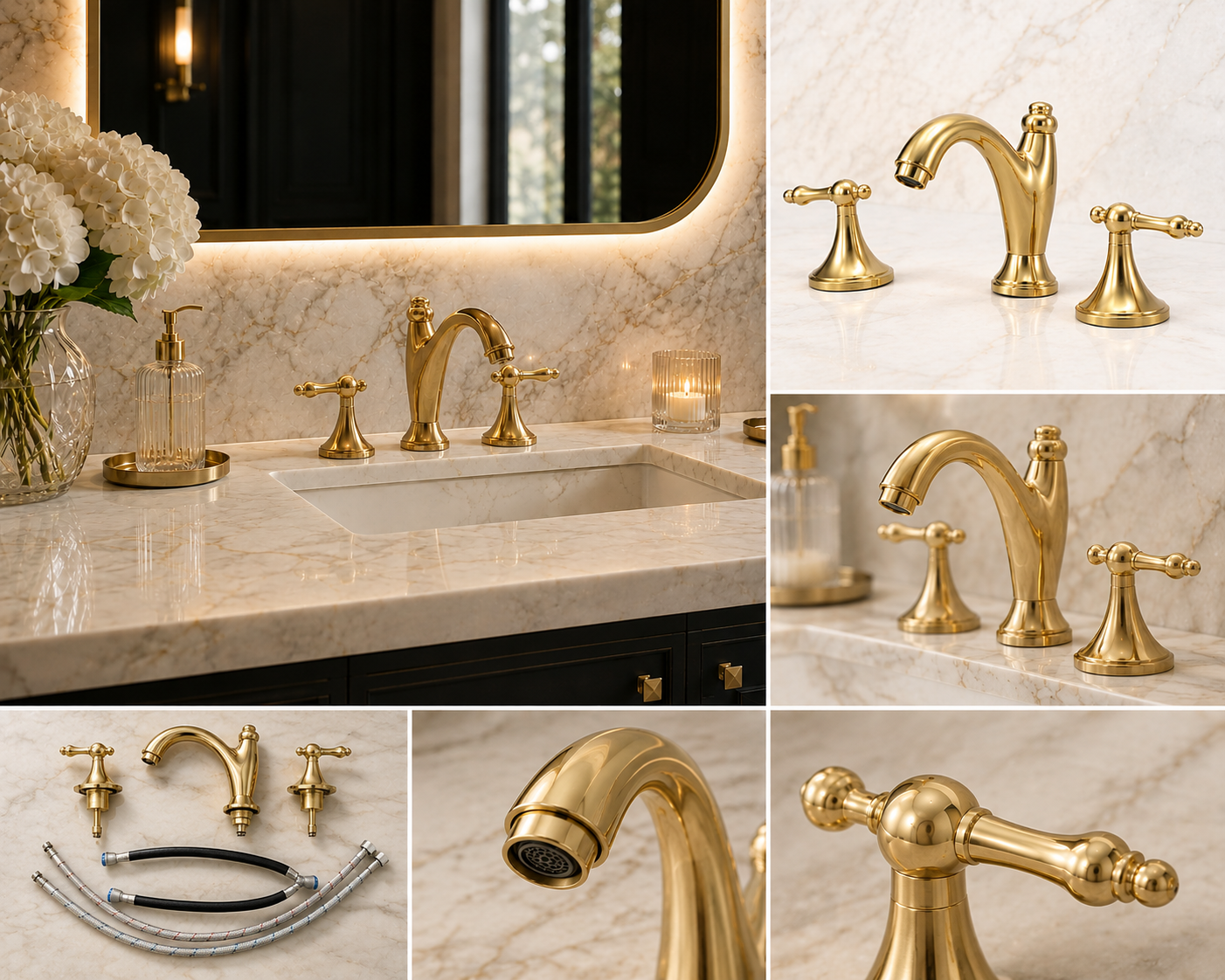 Collage of gold bathroom fixtures including faucets and handles on a marble countertop.