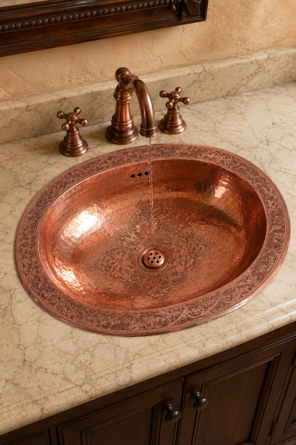 A hammered copper bathroom sink with a matching copper faucet and cross-handle valves, set into a beige marble countertop with dark wood cabinetry below.