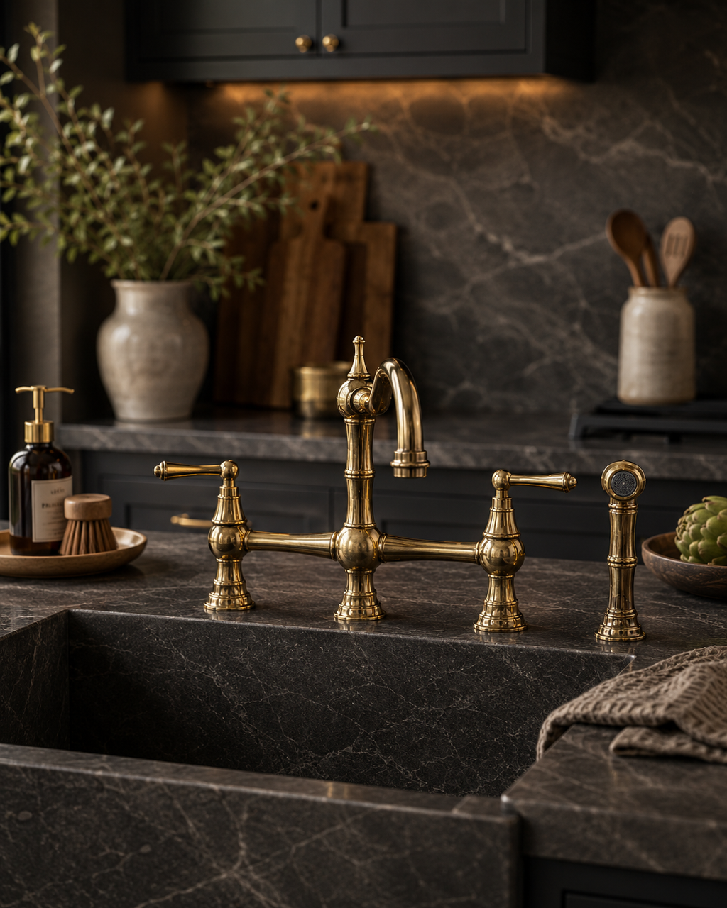 Brass kitchen faucet on a dark stone countertop with a rustic kitchen setting.