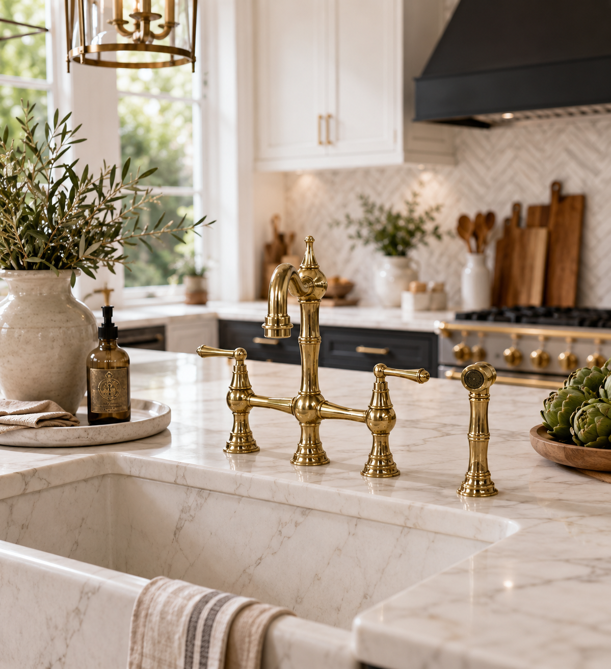 Gold kitchen faucet on a marble countertop with a kitchen in the background