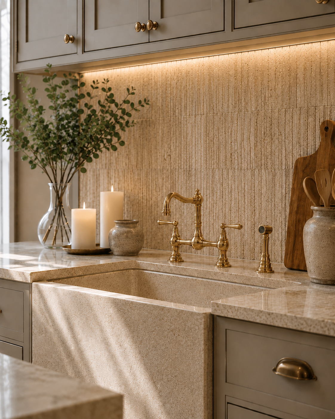 Luxurious kitchen with gold fixtures, marble countertop, and decorative elements.