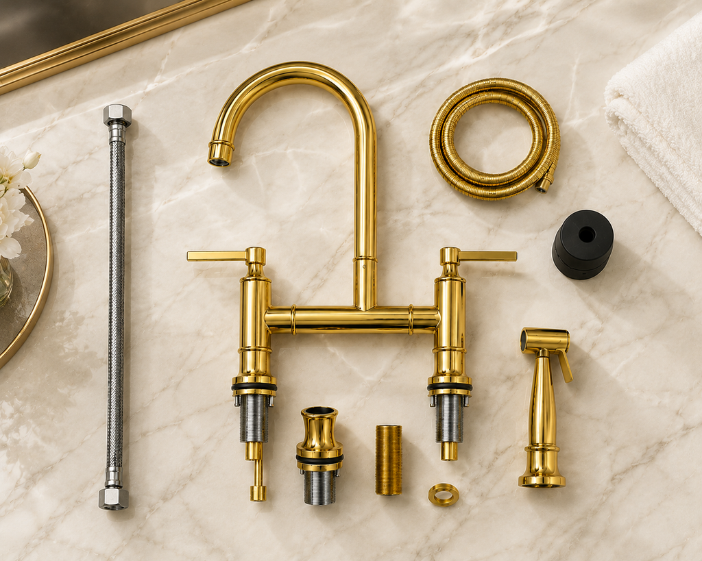 Solid brass bridge kitchen faucet with accessories on marble background