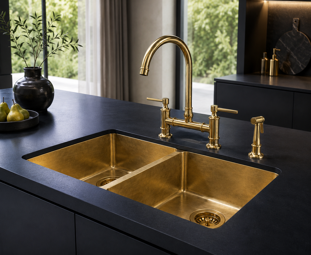 Luxury unlacquered brass bridge faucet with matching side sprayer