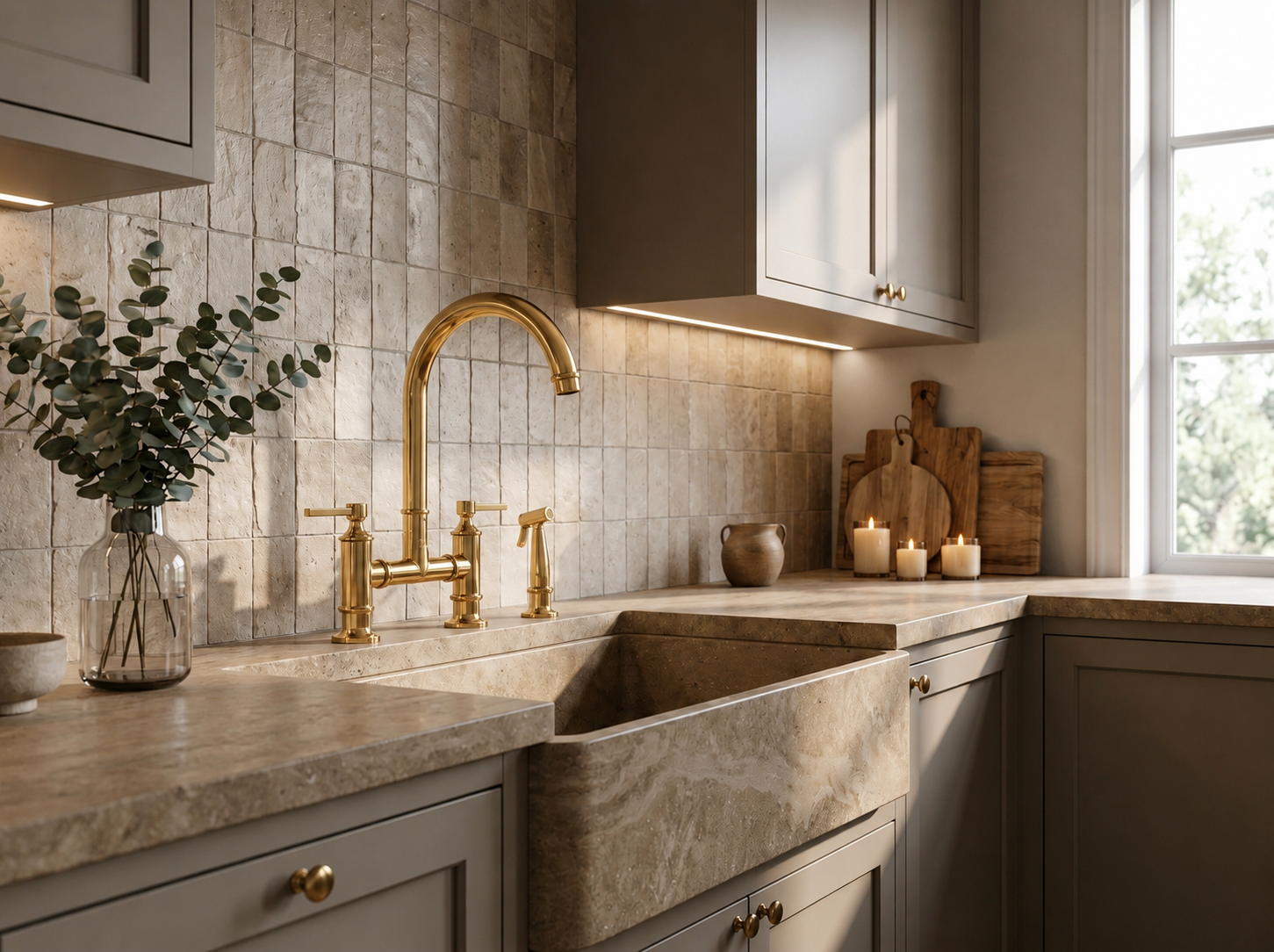 Unlacquered brass bridge kitchen faucet in a modern black kitchen