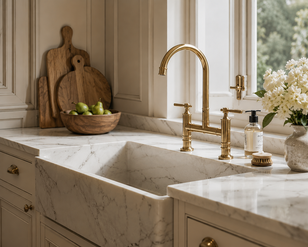 Solid brass bridge faucet in a warm farmhouse kitchen