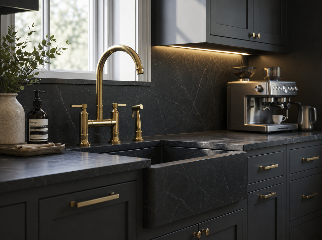 Traditional unlacquered brass bridge faucet with black farmhouse sink