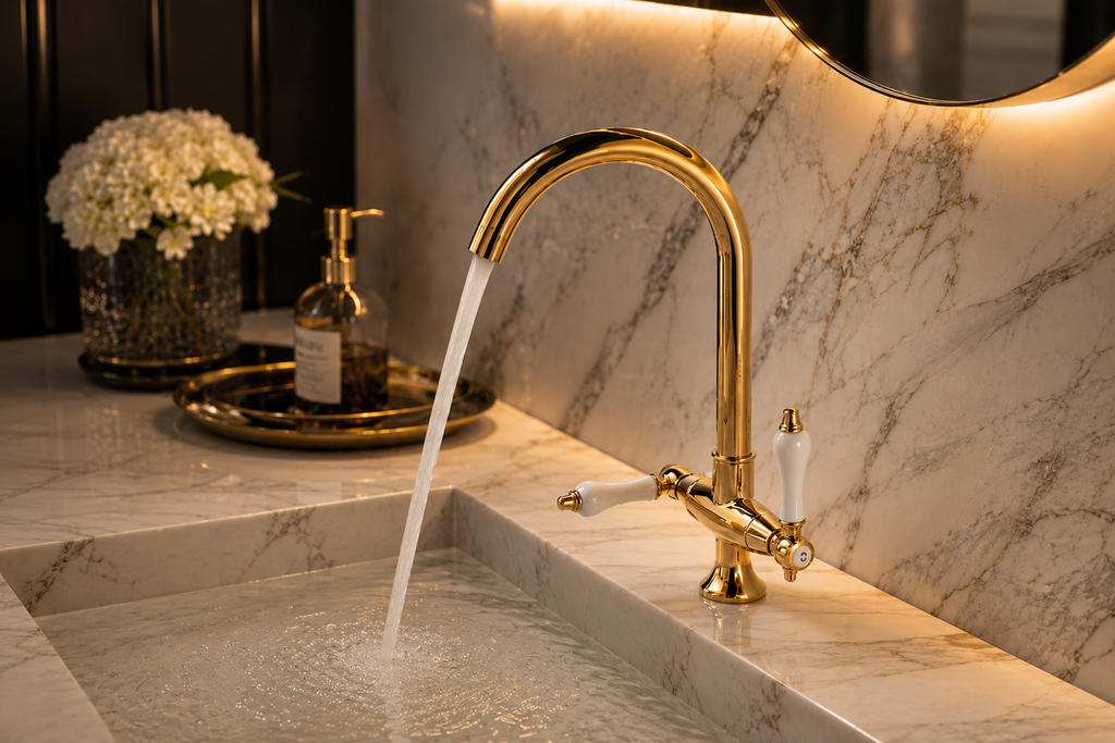 Gold faucet with water flowing into a sink in a bathroom setting.