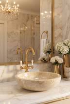 Luxurious bathroom with marble sink, gold fixtures, and decorative flowers.