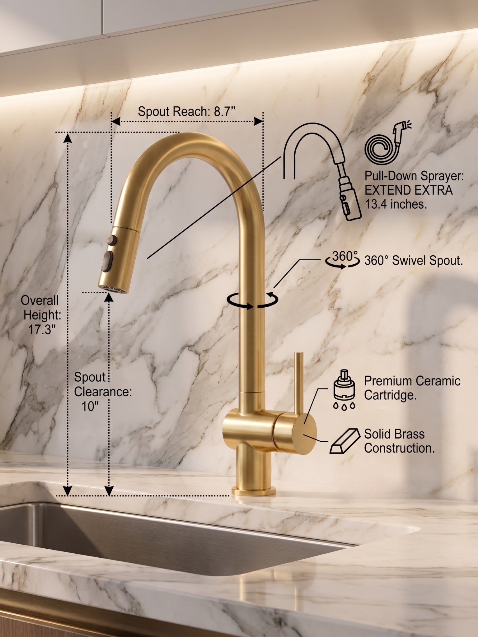 Gold kitchen faucet with a pull-down sprayer shown installed above a sink, with overlaid dimension callouts and feature icons including spout reach, overall height, swivel range, ceramic cartridge, and solid brass construction.