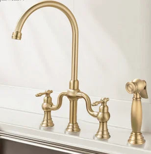 Antique Cross Handles Brass Kitchen Sink Faucet Unlacquered Brass Bridge Kitchen Faucet
