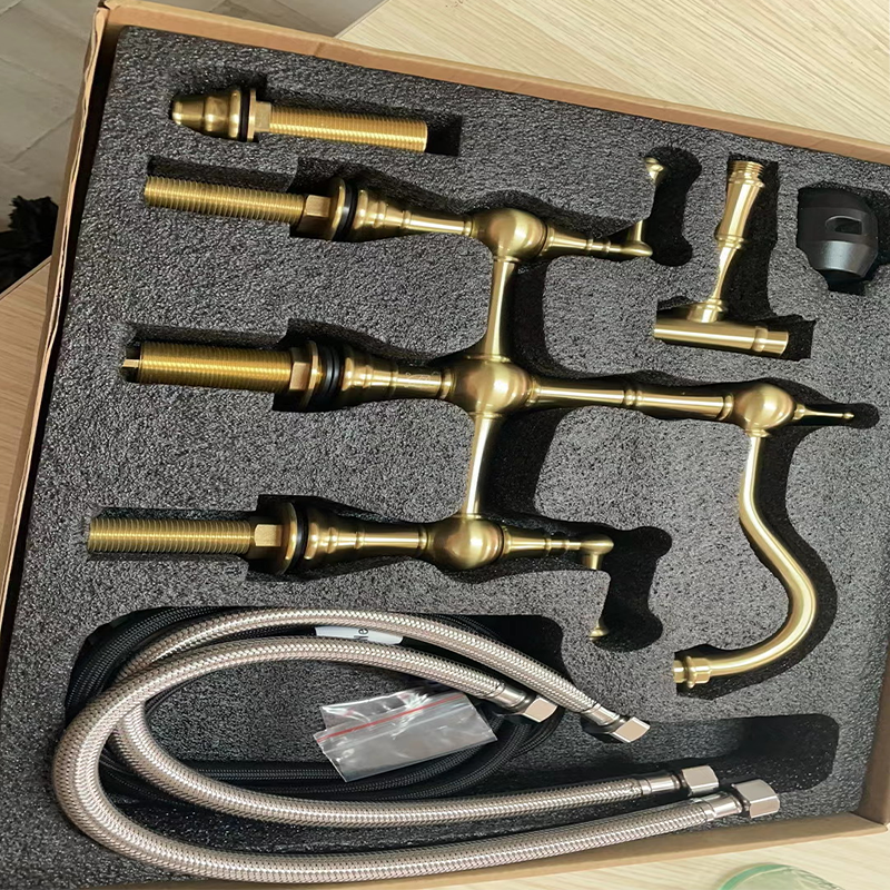 Unlacquered Brass Bridge Kitchen Faucet | 3 Holes Two Handles Faucet