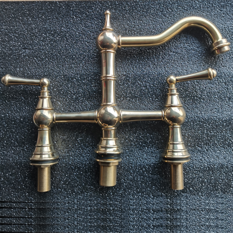 Unlacquered Brass Bridge Kitchen Faucet | 3 Holes Two Handles Faucet