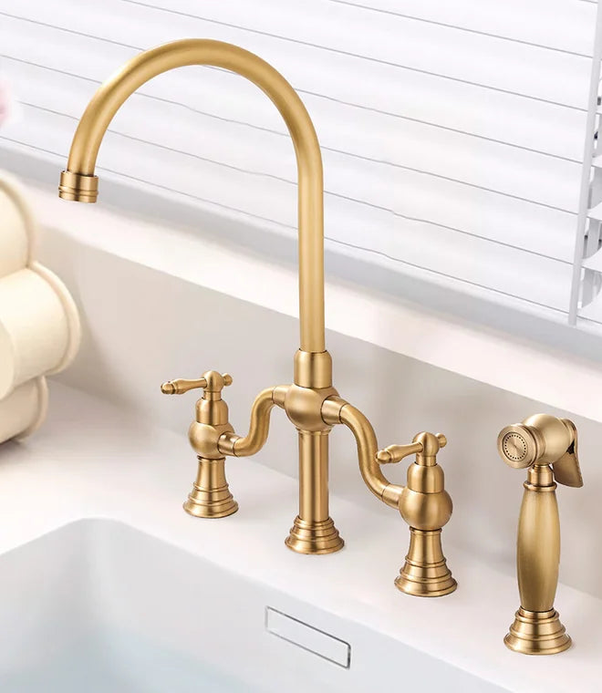 Antique Cross Handles Brass Kitchen Sink Faucet Unlacquered Brass Bridge Kitchen Faucet
