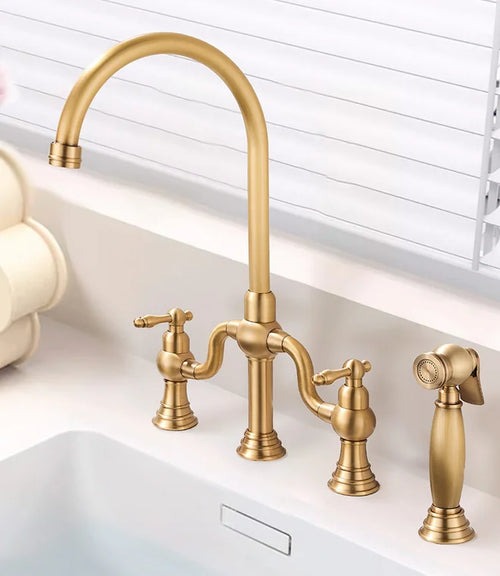 Antique Cross Handles Brass Kitchen Sink Faucet Unlacquered Brass Bridge Kitchen Faucet