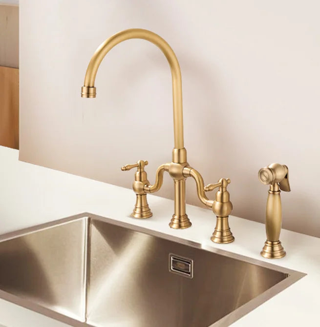 Antique Cross Handles Brass Kitchen Sink Faucet Unlacquered Brass Bridge Kitchen Faucet