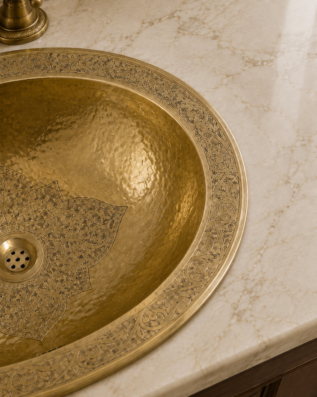 Oval Brass Bathroom Sink | Floral Engraved Drop-In Basin