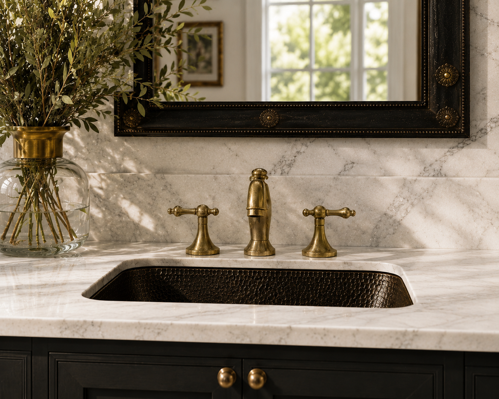 Bathroom vanity with marble countertop, gold faucet, and decorative mirror.