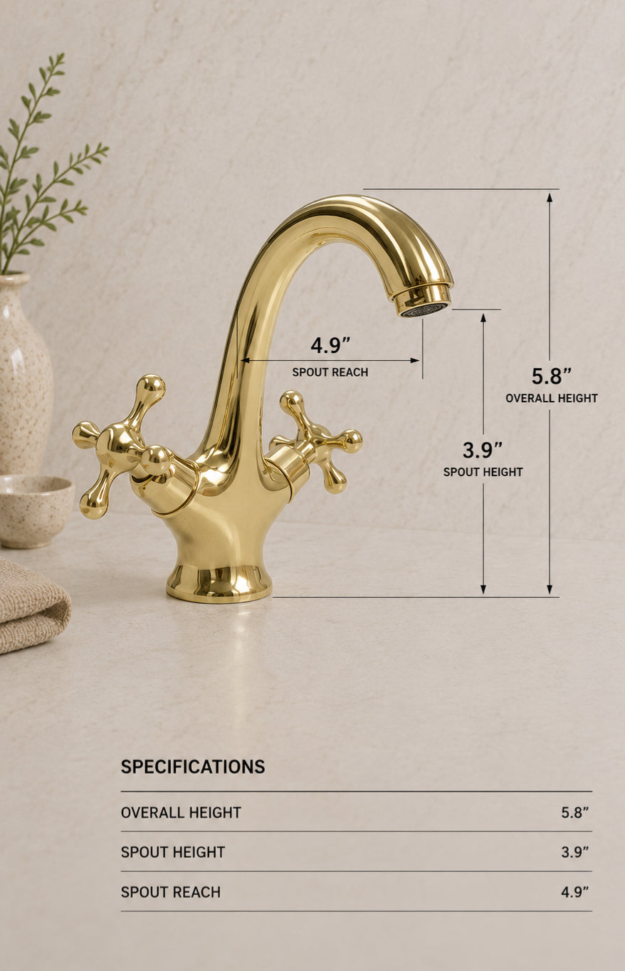A polished gold faucet with two cross handles on a light beige countertop, overlaid with dimension lines and text showing spout reach, spout height, and overall height, plus a specifications table below.