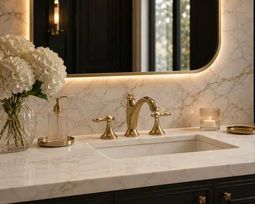 Luxurious bathroom sink setup with gold fixtures, marble countertop, and decorative elements.