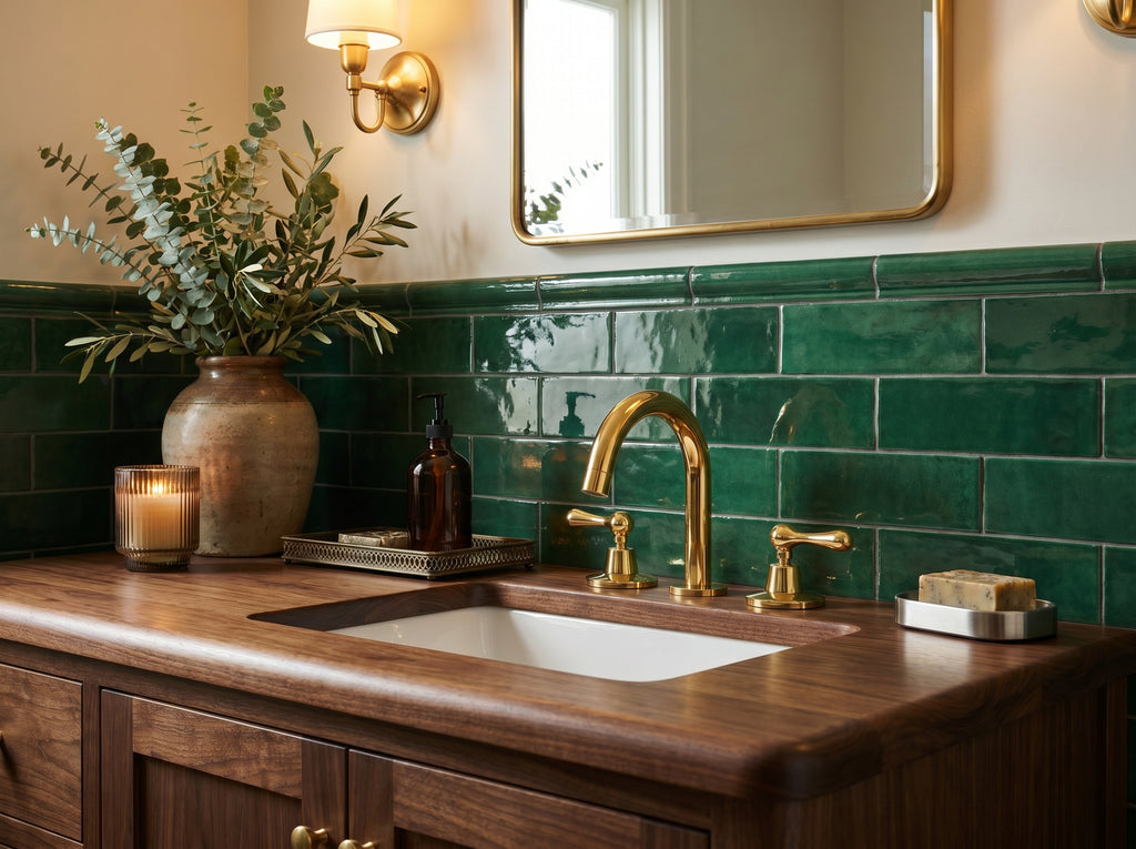 Bathroom vanity with green tiled wall, wooden countertop, and gold fixtures.