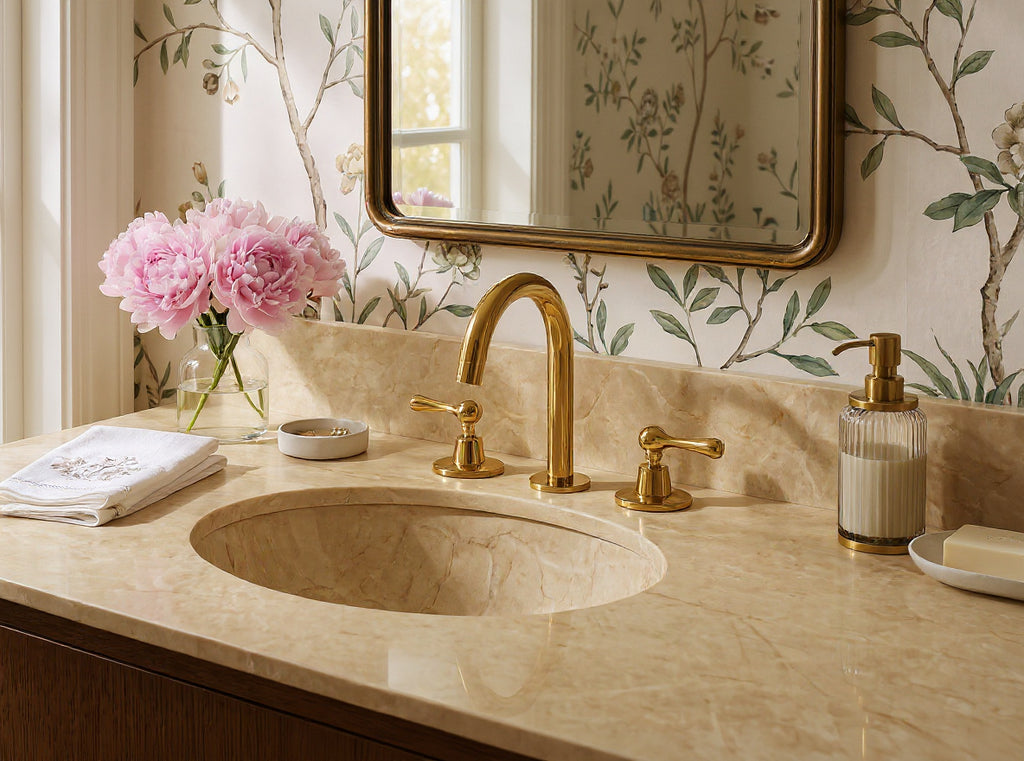 Bathroom vanity with marble countertop, gold faucet, and decorative mirror.