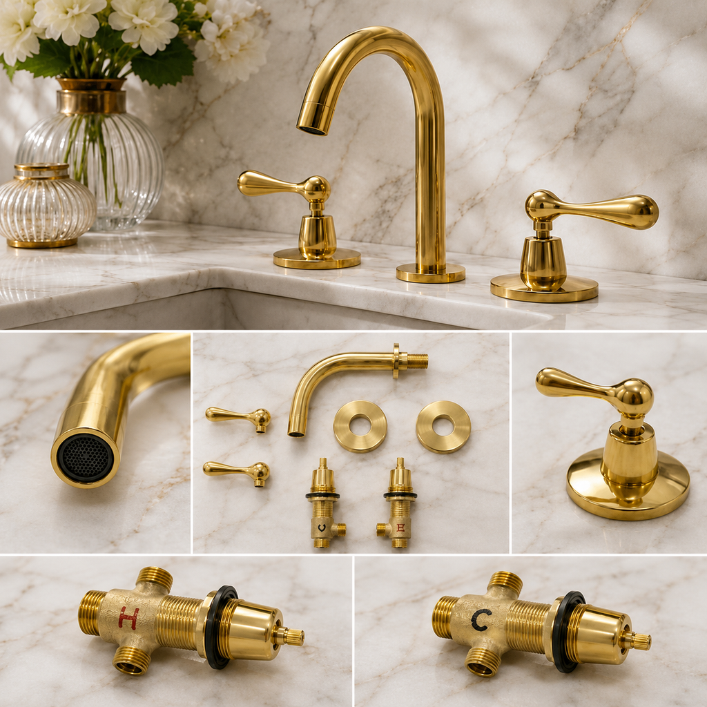 Gold bathroom faucet set with detailed components on a marble background