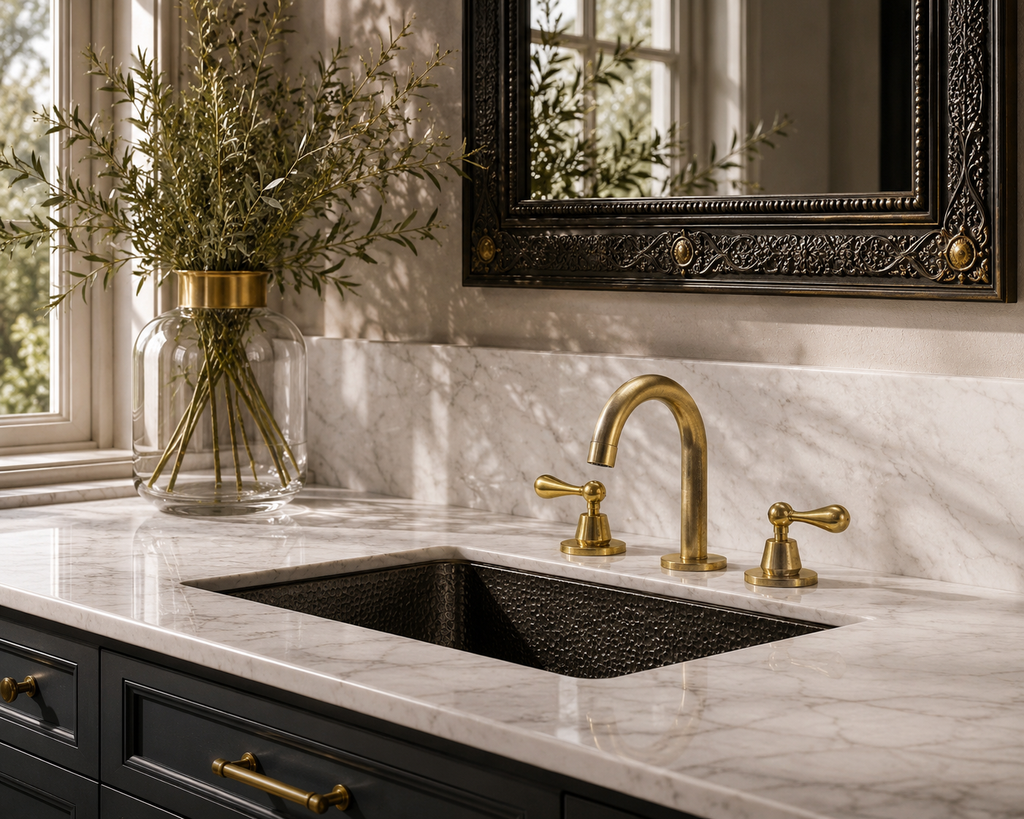 Kitchen sink with gold faucet and decorative mirror on marble countertop