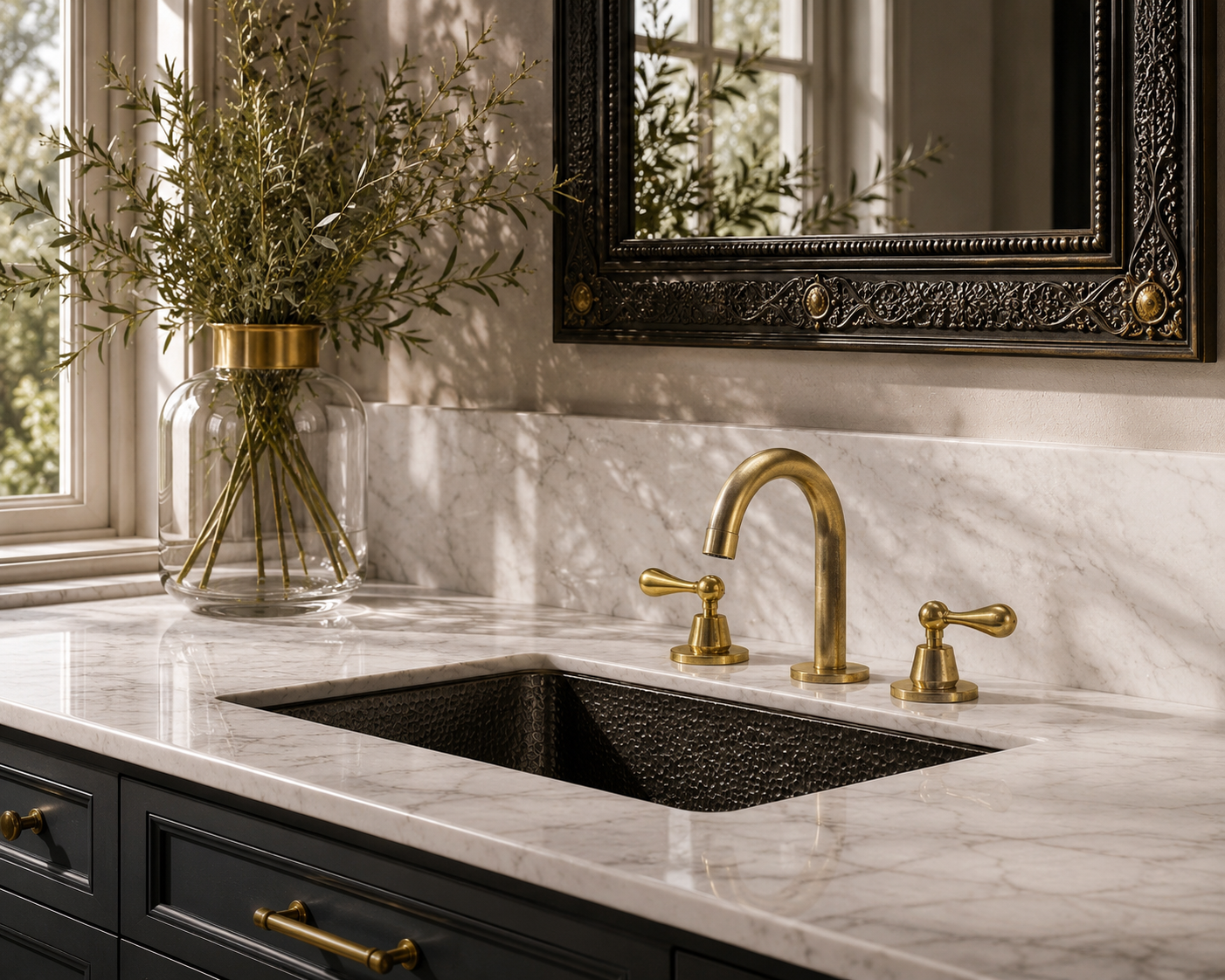 Kitchen sink with gold faucet and decorative mirror on marble countertop