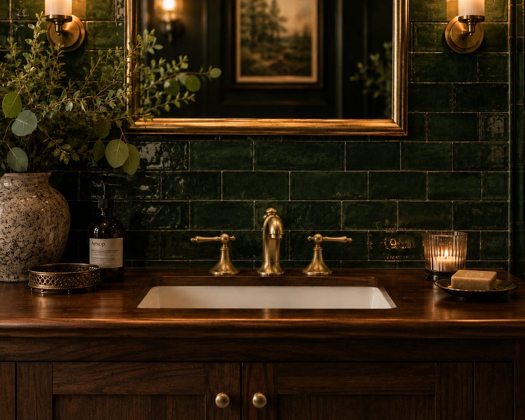 Bathroom vanity with green tiled wall, wooden counter, and decorative items.