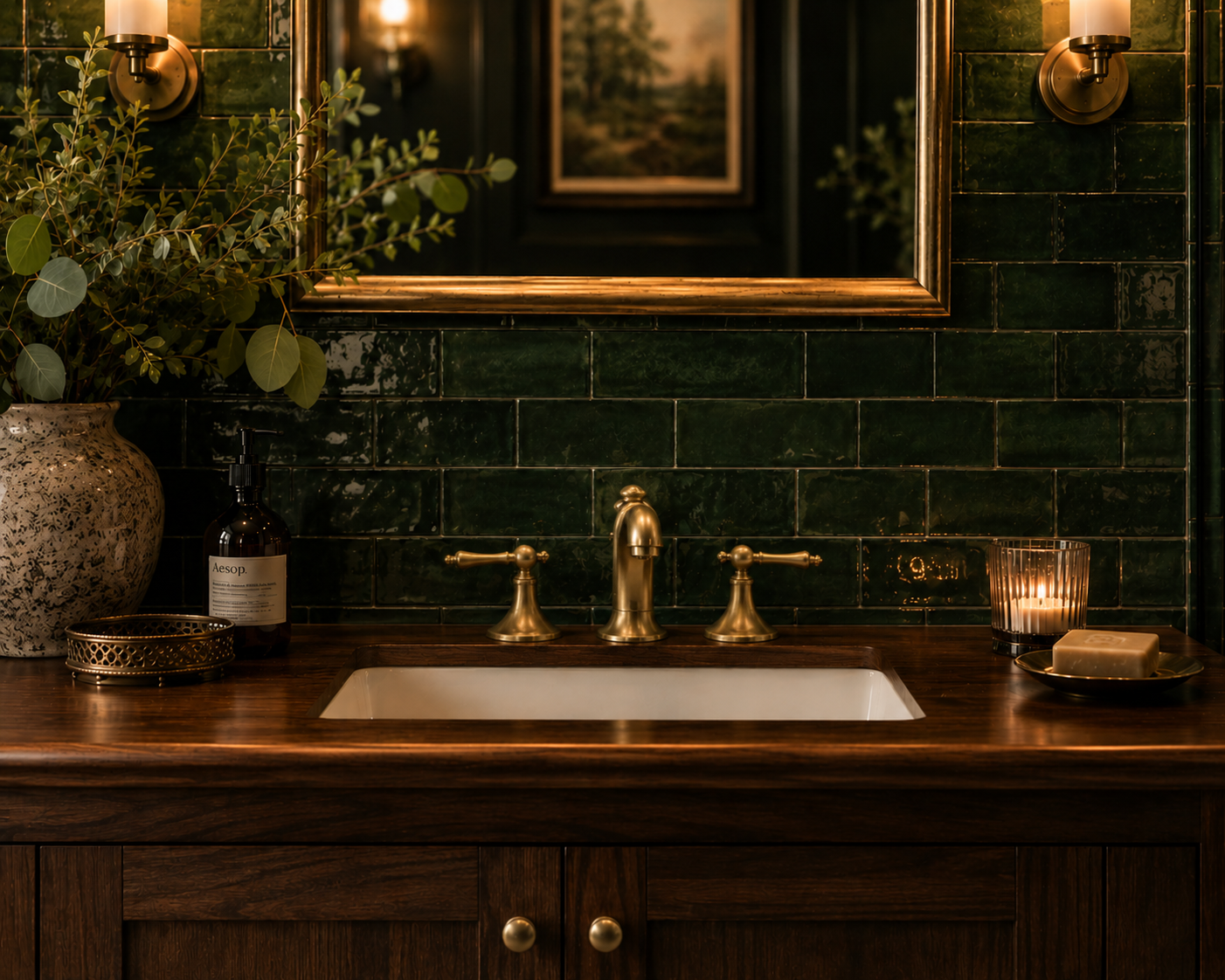 Bathroom vanity with green tiled wall, wooden counter, and decorative items.