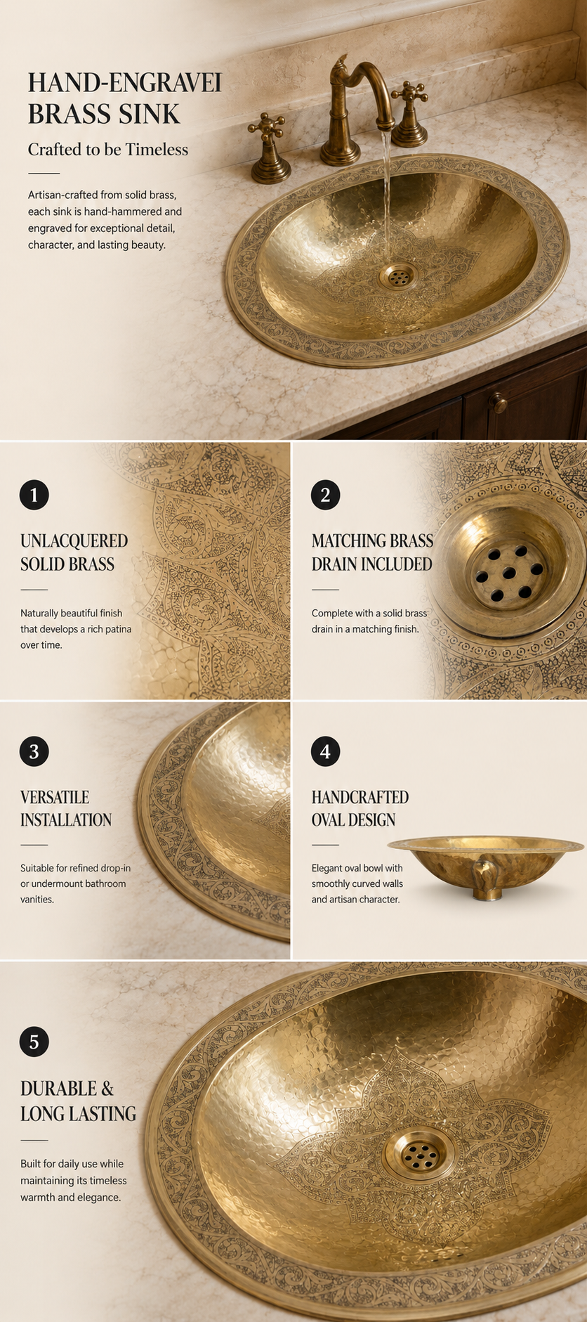 Oval Brass Bathroom Sink | Floral Engraved Drop-In Basin