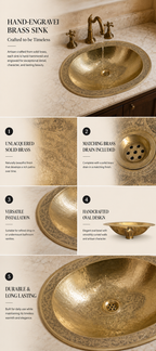 Oval Brass Bathroom Sink | Floral Engraved Drop-In Basin