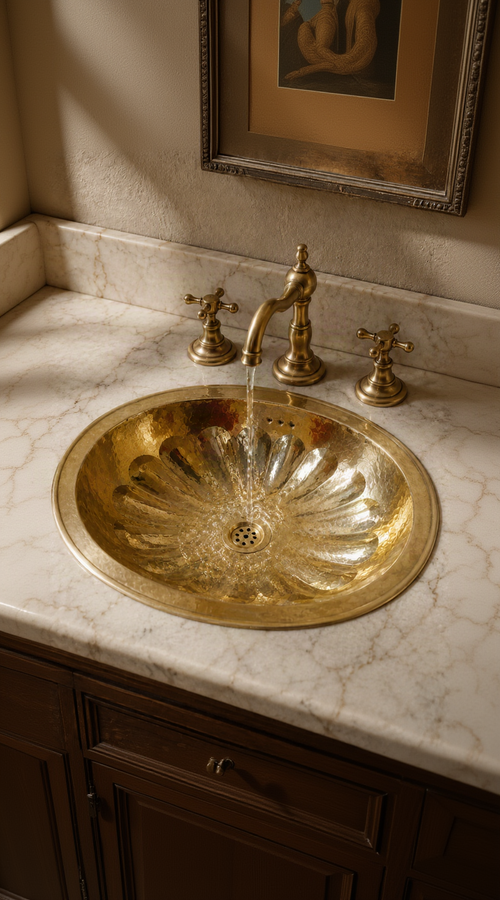 A round hammered brass sink basin installed in a white marble bathroom countertop, with a matching brass faucet and two cross handles running under a running stream of water.
