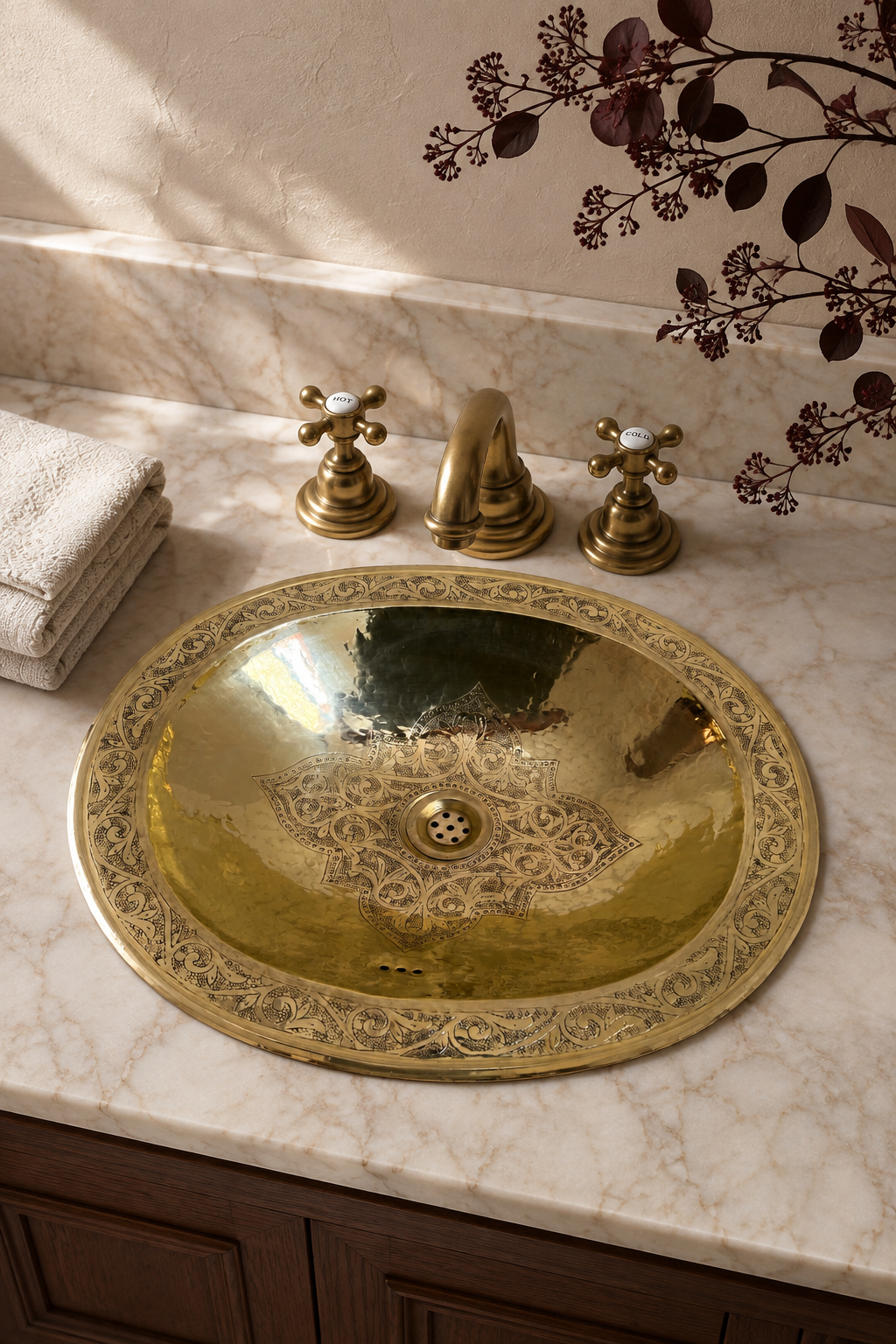 Oval Brass Bathroom Sink | Floral Engraved Drop-In Basin