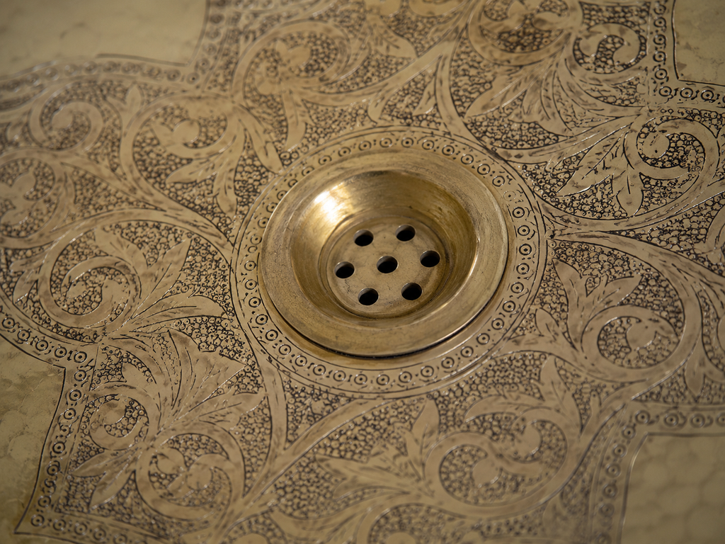 Oval Brass Bathroom Sink | Floral Engraved Drop-In Basin