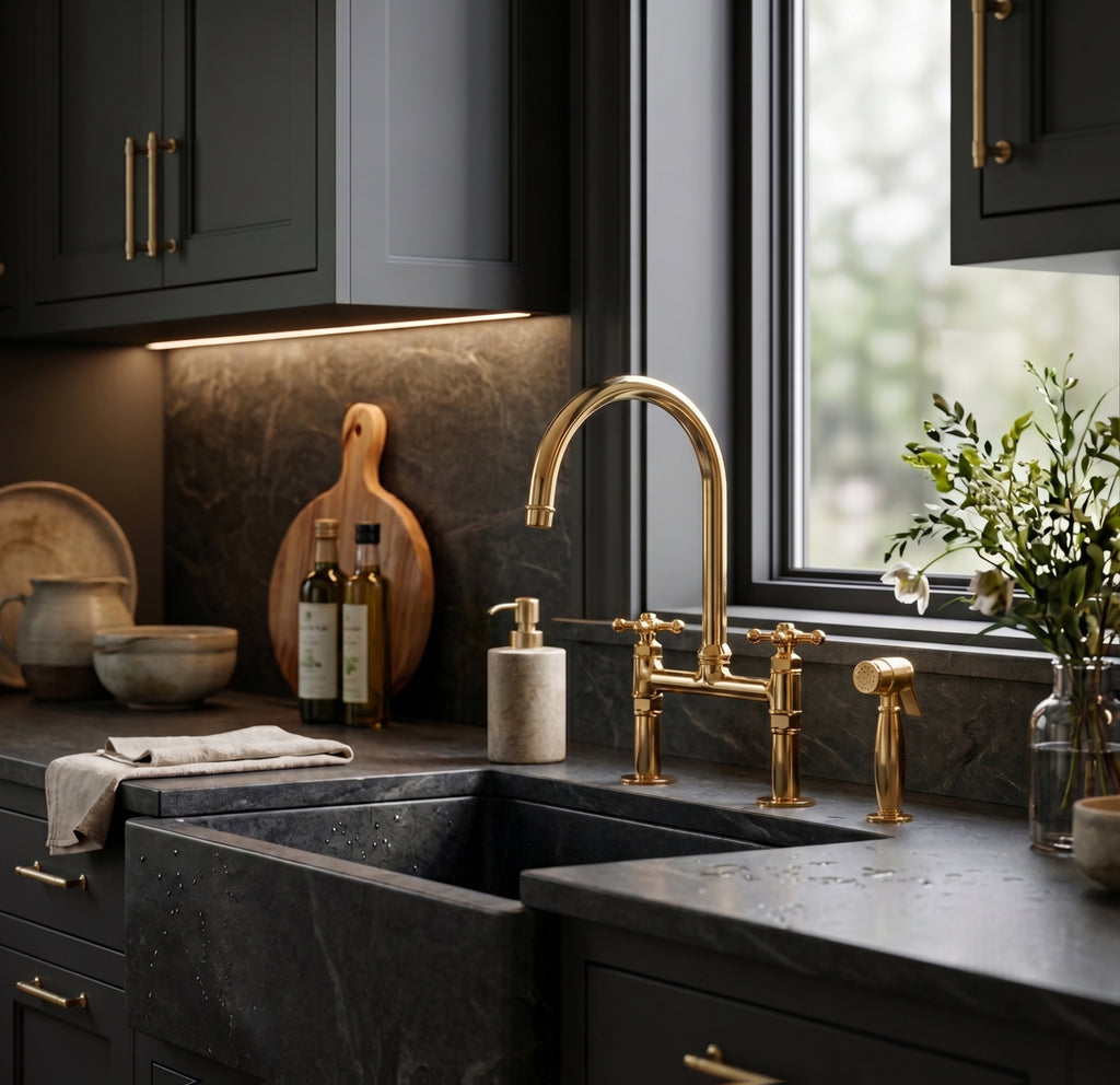 Modern kitchen with gold faucet, dark stone sink, and window view.