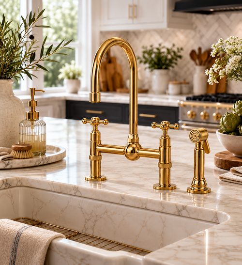 Gold kitchen faucet set on a marble countertop with decorative elements.