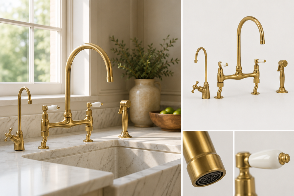 Gold kitchen faucet set with sink and decorative elements in a home setting