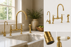 Gold kitchen faucet set with sink and decorative elements in a home setting
