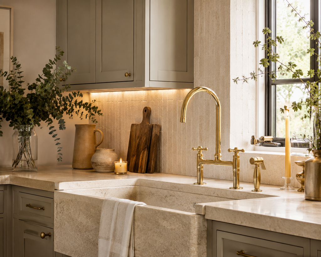 Modern kitchen with a gold faucet, light-colored cabinets, and decorative elements.