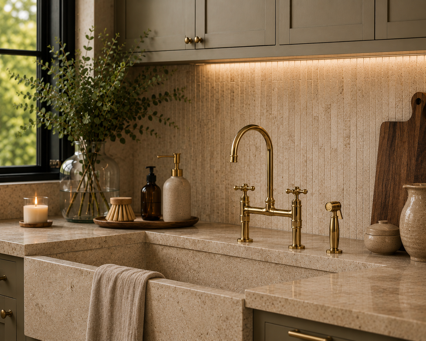 Modern kitchen with gold faucet and marble countertop
