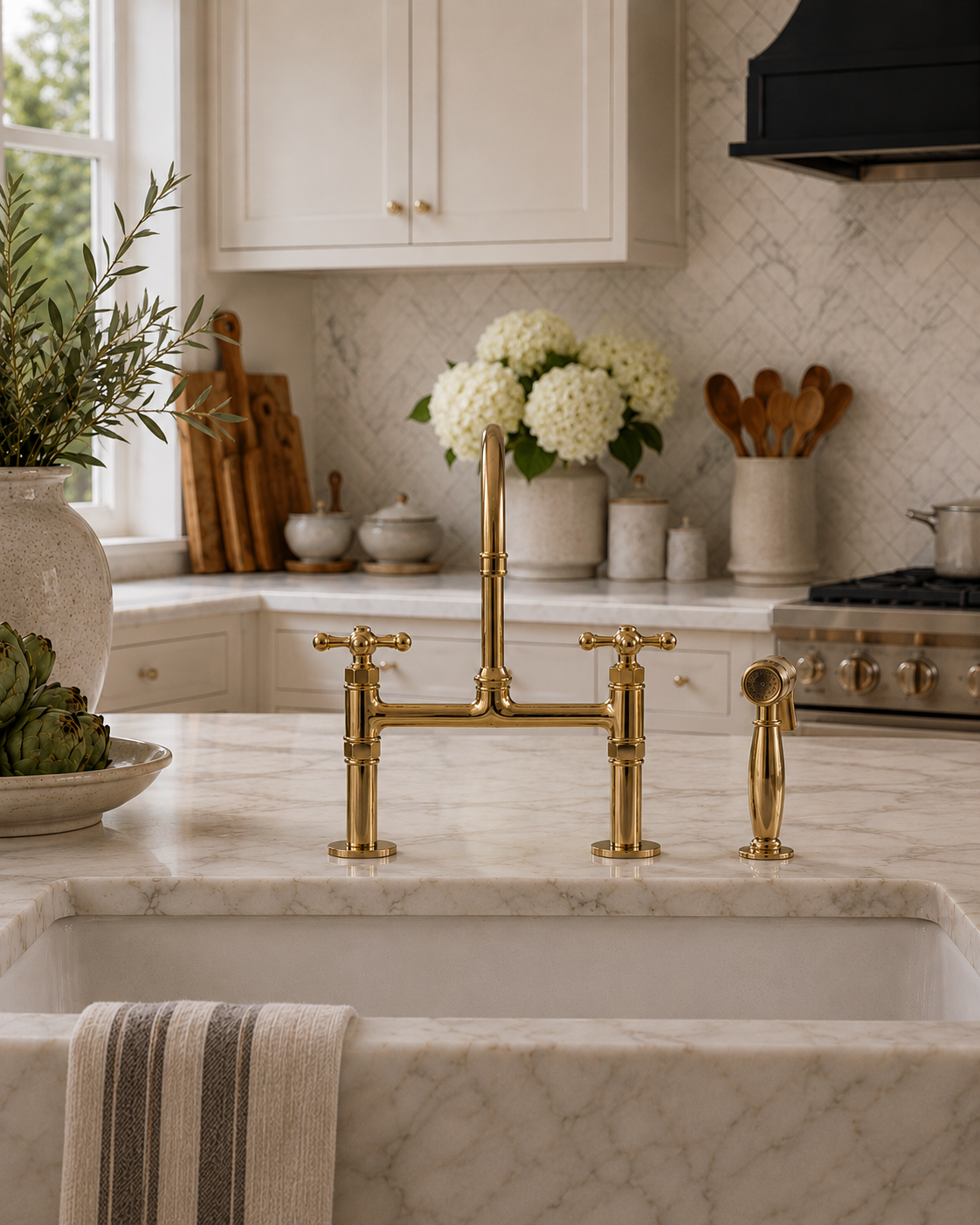 Kitchen with marble countertop, gold faucet, and decorative elements.