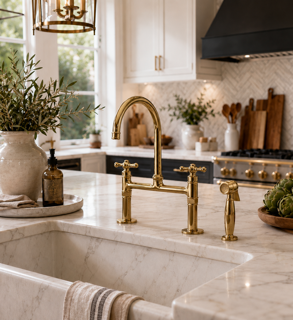 Luxurious kitchen with gold faucet and marble countertop