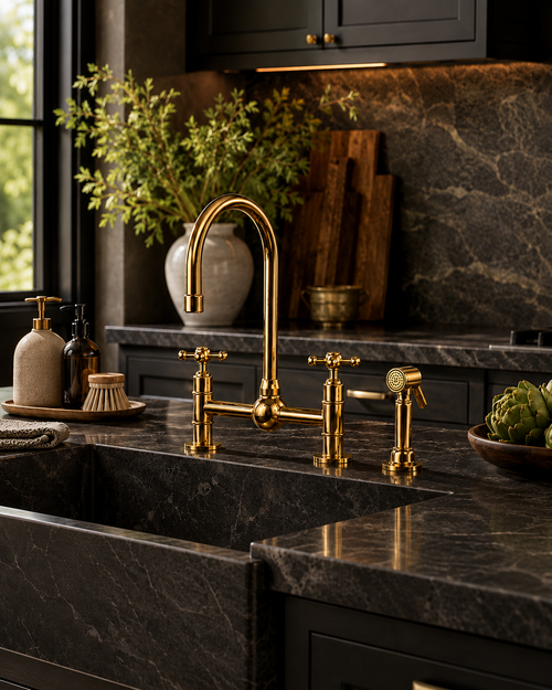 Gold kitchen faucet in a modern kitchen with marble countertop and decorative elements.
