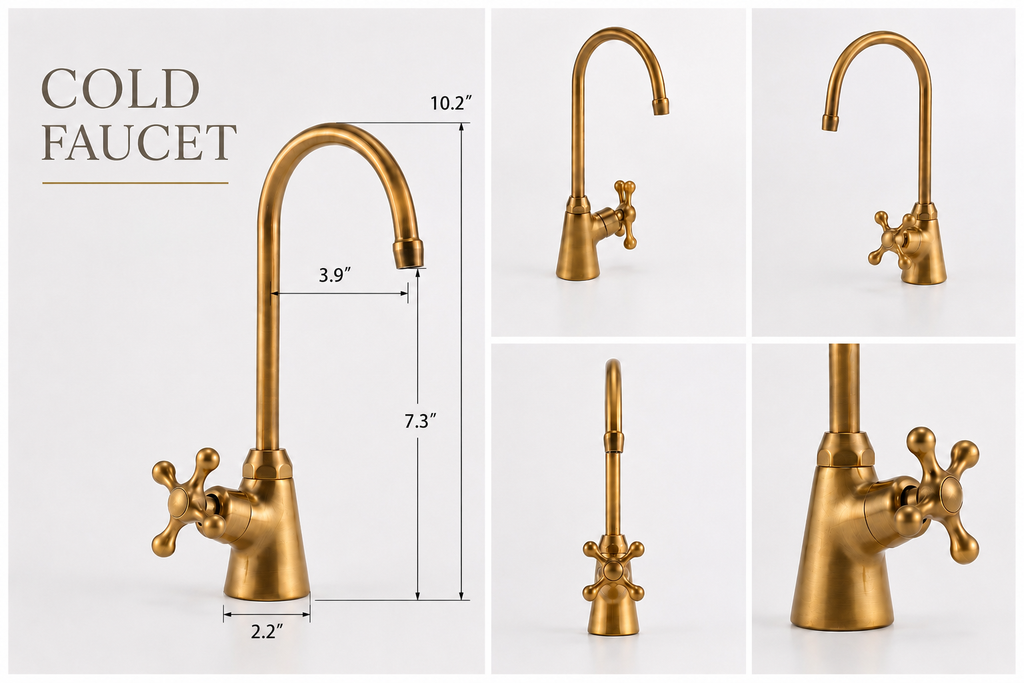 A collage showing a brass cold faucet from multiple angles with overlaid dimension labels including 10.2 inches, 3.