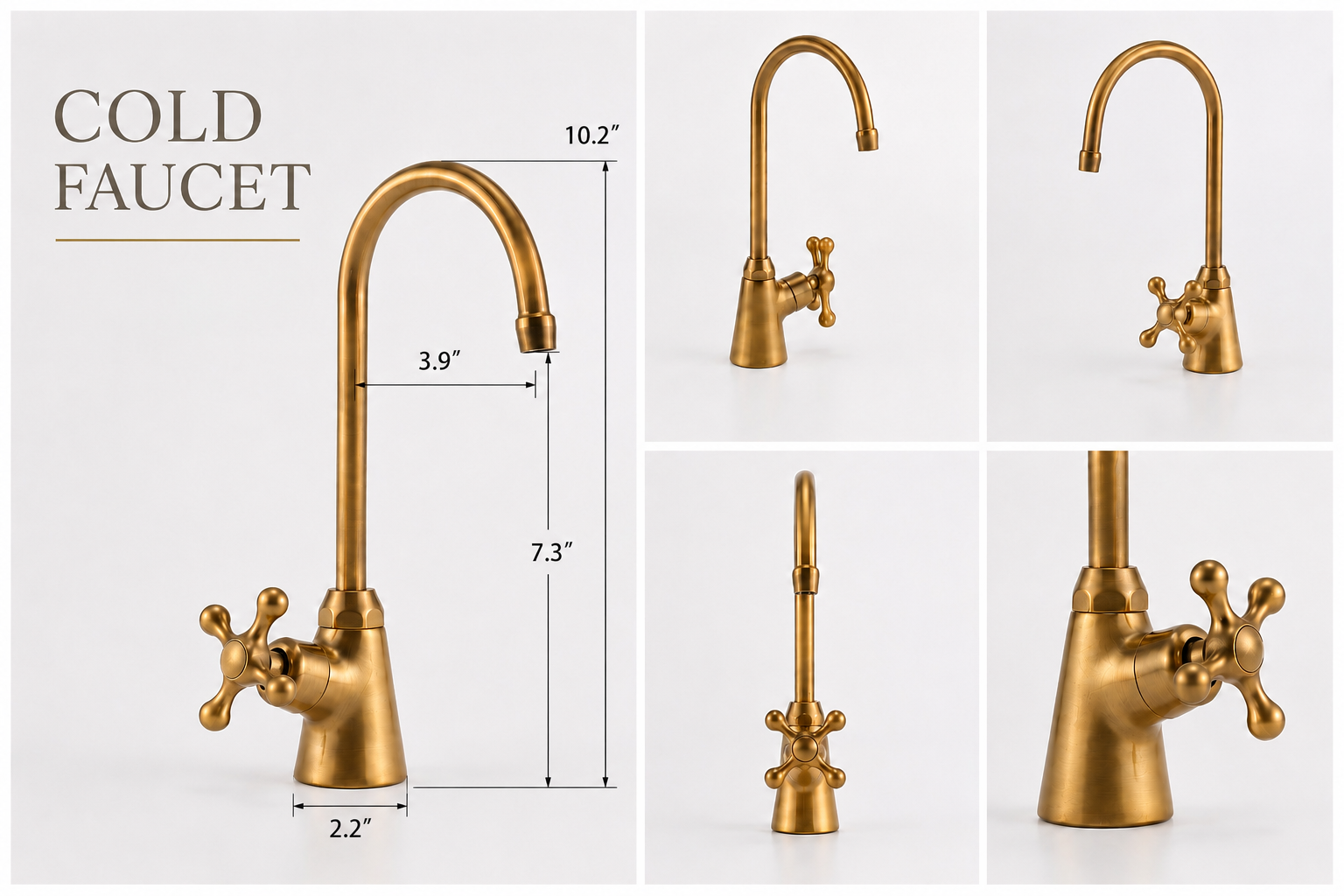 A collage showing a brass cold faucet from multiple angles with overlaid dimension labels including 10.2 inches, 3.