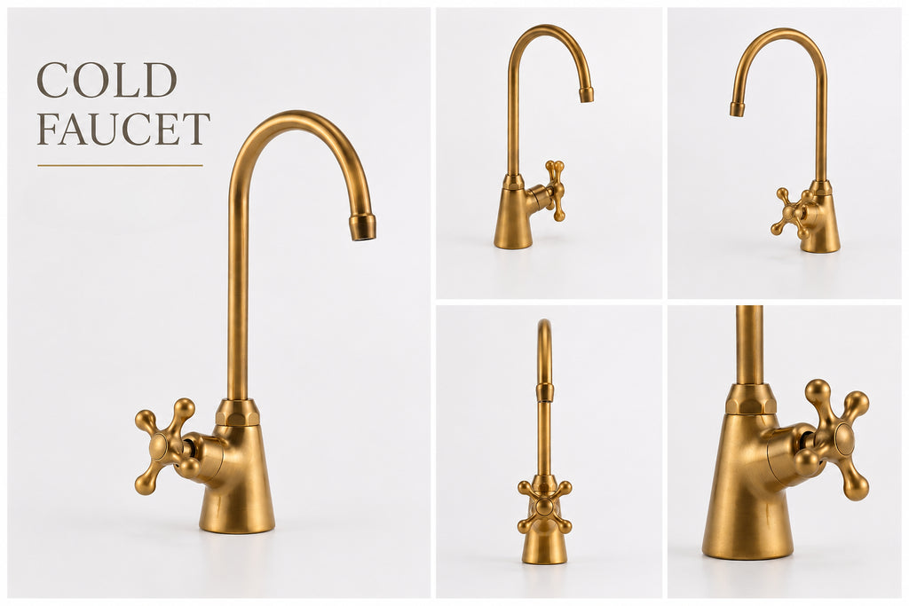 Gold kitchen faucet with various angles on a white background