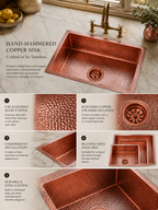 A promotional collage for a hand-hammered copper kitchen sink, showing the sink in a marble countertop setting, close-up texture shots of polished copper, included copper strainer, mounting instructions, and multiple size options. Text highlights 'HAND-HAMMERED COPPER SINK' and product benefits.