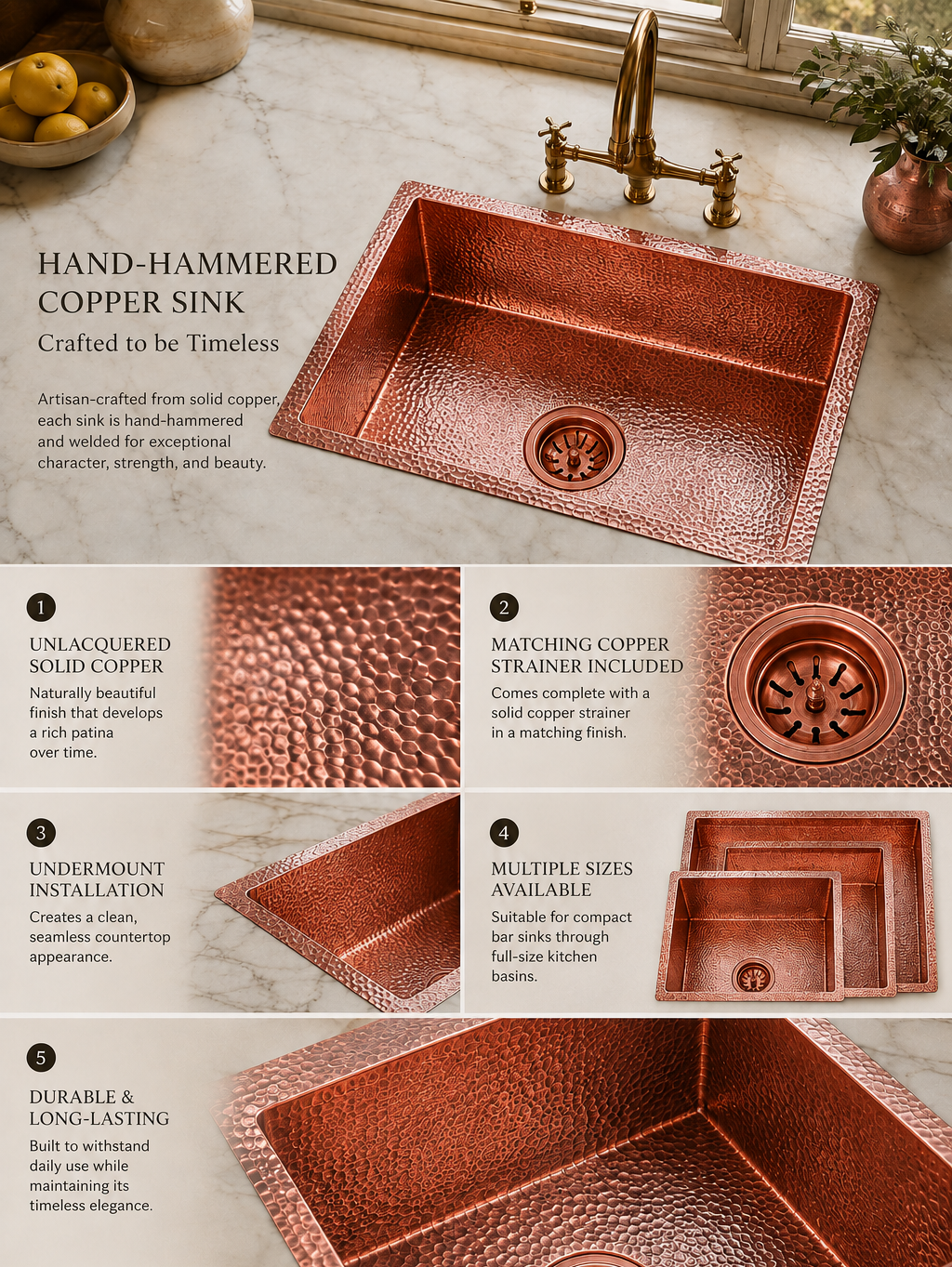 A promotional collage for a hand-hammered copper kitchen sink, showing the sink in a marble countertop setting, close-up texture shots of polished copper, included copper strainer, mounting instructions, and multiple size options. Text highlights 'HAND-HAMMERED COPPER SINK' and product benefits.